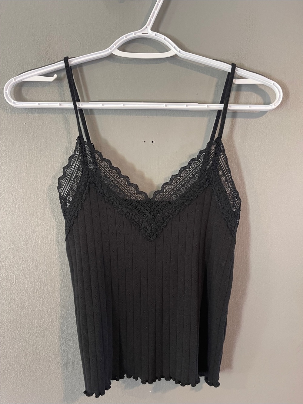 American Eagle Lace Trim Ribbed Tank Top Black Stretch Cami Size S